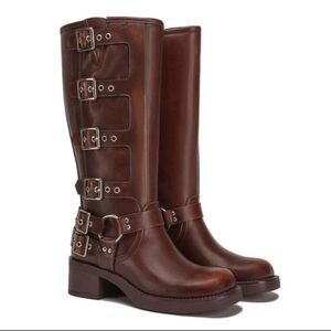 Women's Knee High Riding Boots Fashion Tend Buckle Square Toe Chunky Heel